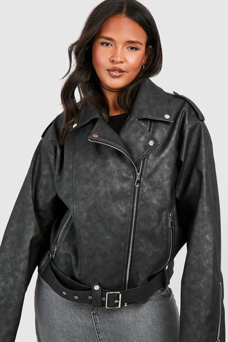 Plus Vintage Wash Pu Oversized Biker Jacket - Image 4