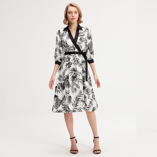 Bi-material wrap dress with tropical print