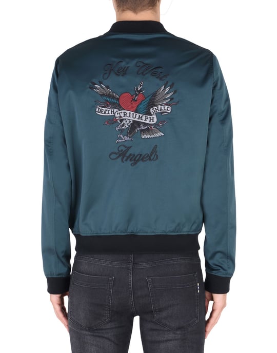The Kooples Deep Jade Satin Bomber Jacket With Embroidered Detailing