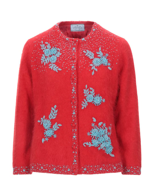 Prada Red Angora Knit Beaded Cardigan