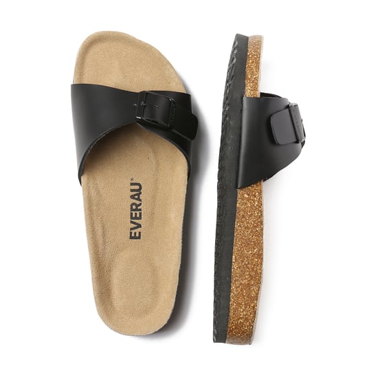 EVER AU Women Swan Leather Easy Slip-On Sandals - Black Leather