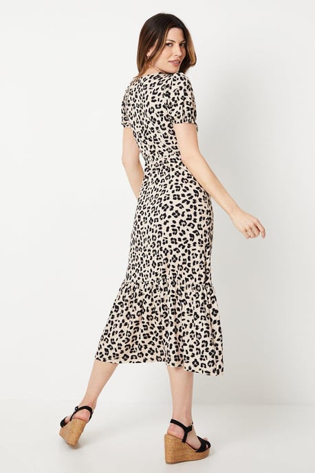 Animal Print Puff Sleeve Jersey Midi Dress