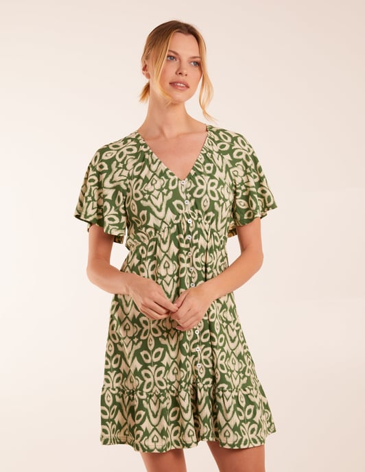 Button Through Elastic Waist Mini Dress