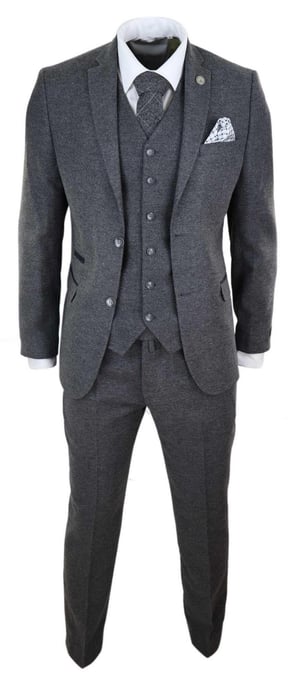 Heren 3-delig Grijs Wol Tweed Vintage Retro Pak - Image 2