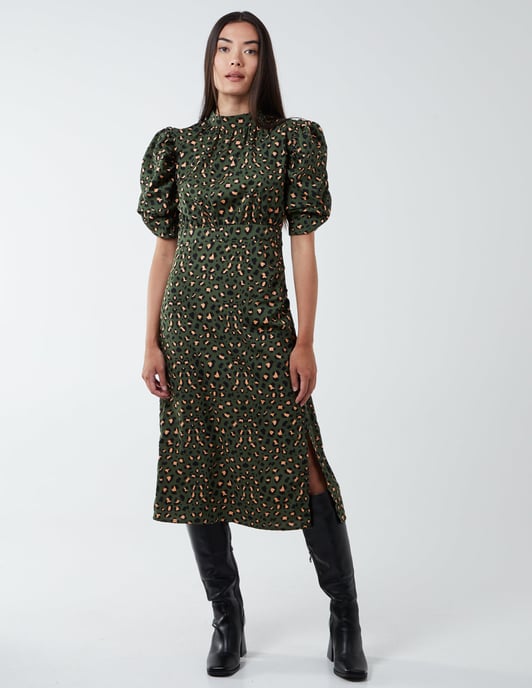 Leopard Print Ruched Side Midi Dress