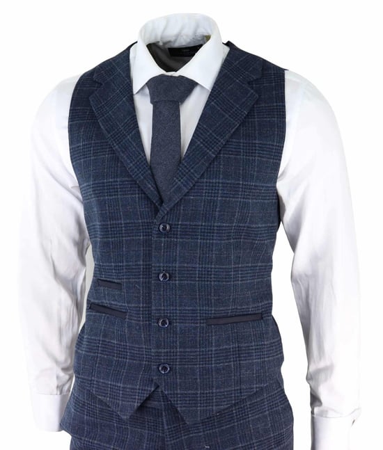 Heren Blauwe Ruit 3-delige Tweed Pak Peaky Blinders 1920s Gatsby Tailored Fit - Image 4