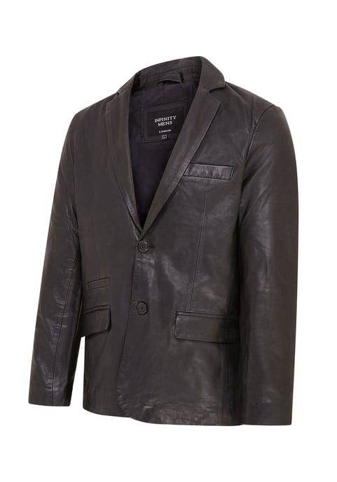 Mens Black Slim Leather Italian Blazer Jacket-Somero