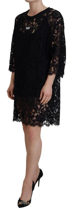 Dolce & Gabbana Dames Zwarte Bloemen Kant Katoenen Shift Mini Jurk - Image 2