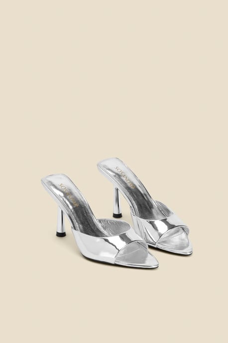 Silver Leather Flared Heel Pointed Toe Mules