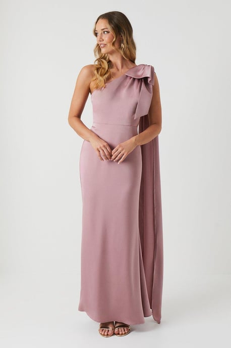 Bow And Drape Detail One Shoulder Satin Bridesmaids Dress - Image 1