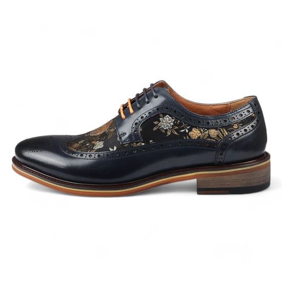 Justin Reess Heren Navy Blauw Leren Bloemenprint Brogue Dresschoenen - Ross - Image 3
