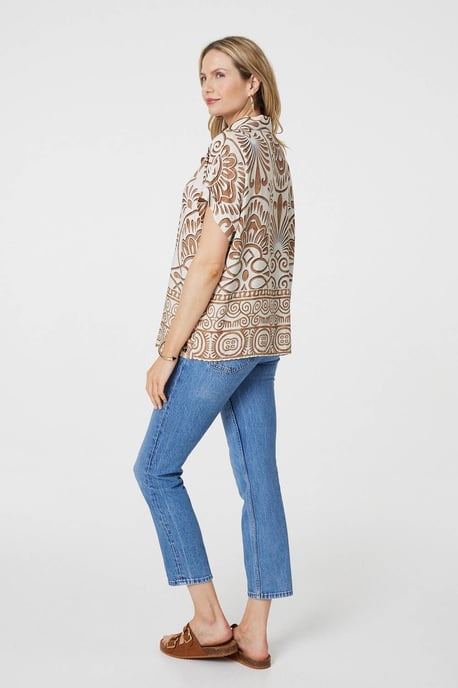 Beige Printed Button Down Short Sleeve Shirt