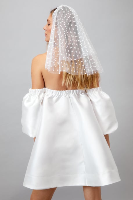 Structured Bardot Puff Sleeve Mini Prom Dress