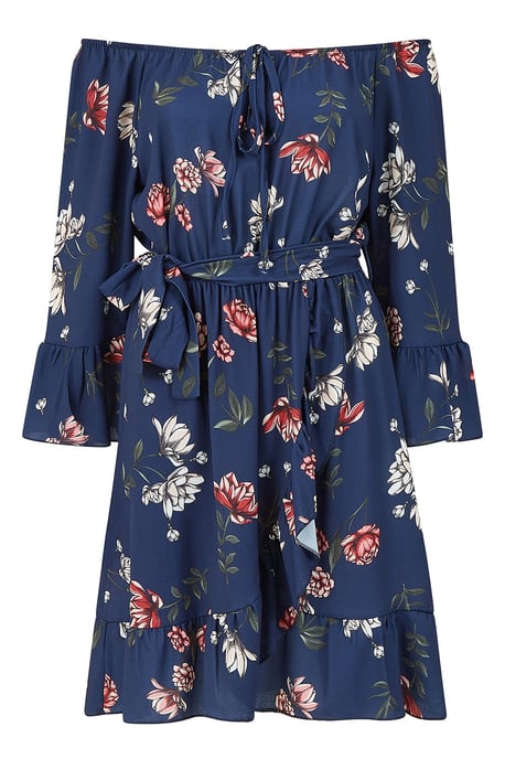 Mela Navy Floral Bardot Frill Skater Dress