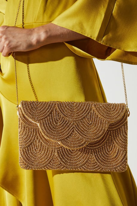 Pearl Beaded Scallop Clutch Bag With Shoulder Strap