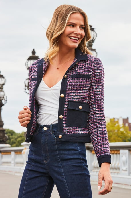 Indigo Boucle & Denim Jacket With Gold Button Detail