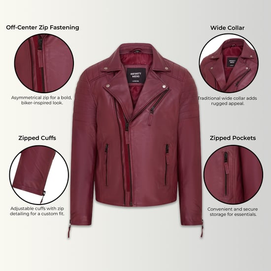 Mens Burgundy Brando Double Cross Zip Leather Biker Jacket- Fagernes