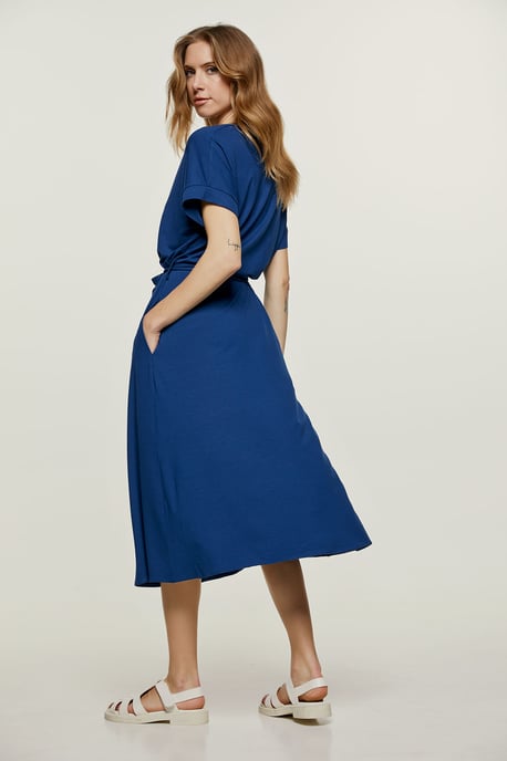 Blue Jersey Belted Midi Dress