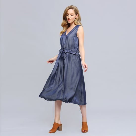 V-neckline Adjustable Waist Midi Dress