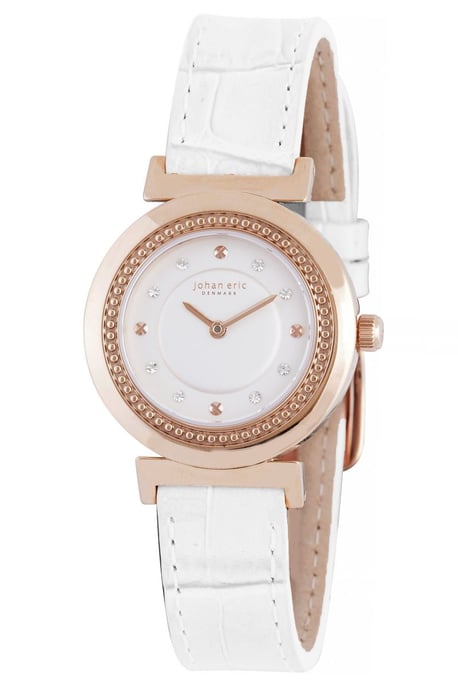 Johan eric: djursland, women's, silver dial watch, applied screw like indexes w swarovski crystals, white genuine leather strap with crocodile pattern top..