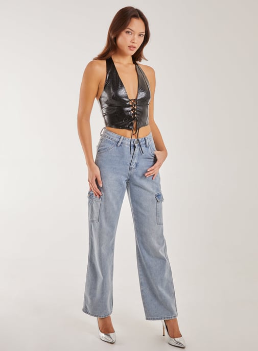 Faux Snake PU Lace Up Corset Top