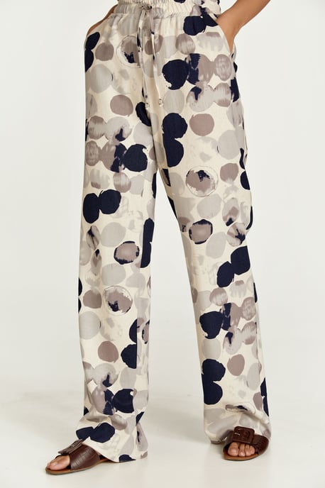 Grey Print Linen Style Wide Leg Pants