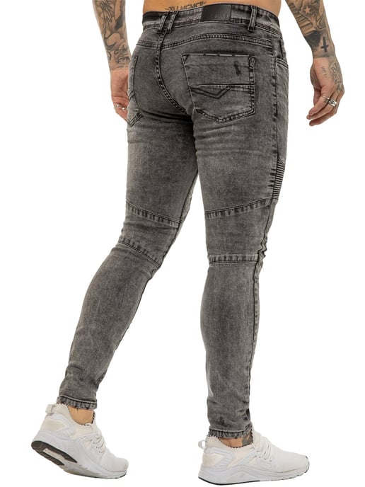 Enzo | Mens Skinny Stretch Biker Denim Jeans - Black Acid