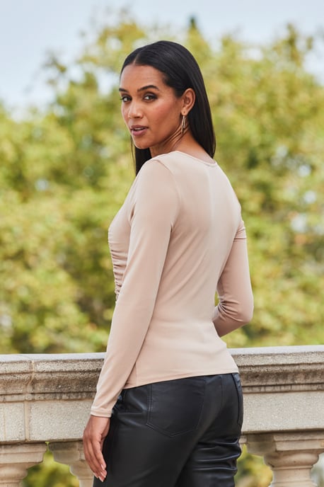 Taupe Asymmetric Detail Ruched Top