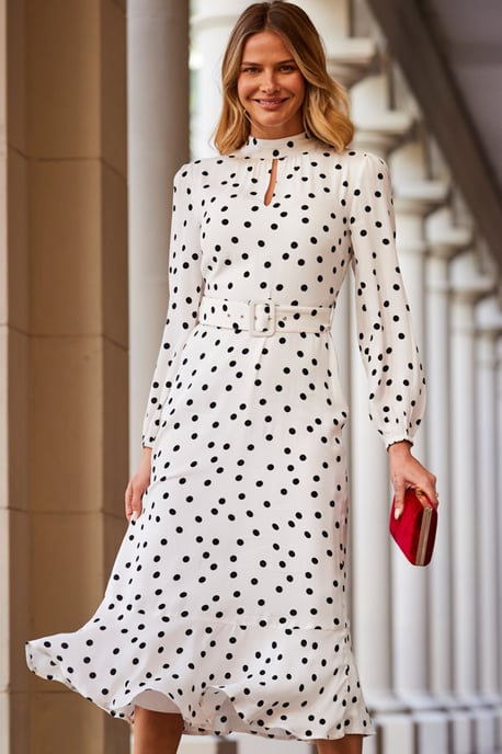 Ivory & Black Spot Print Keyhole Detail Belted Fit & Flare Dress