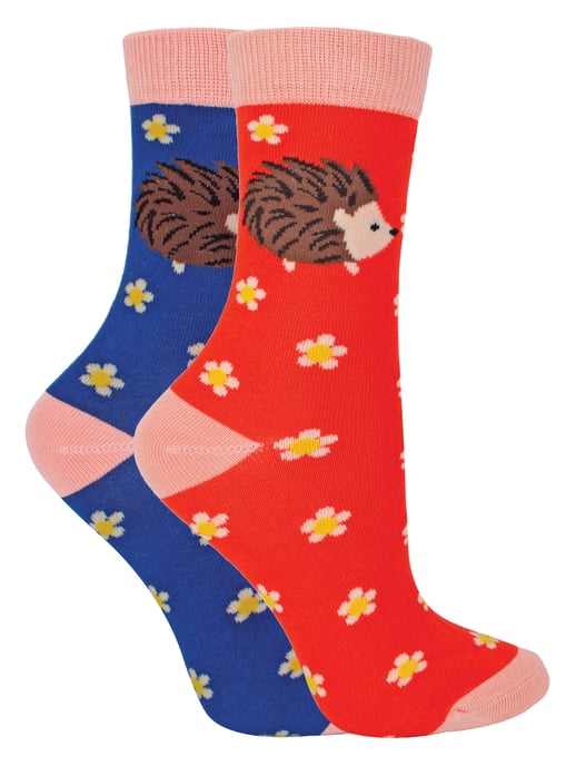 Set van 2 sokken met dierenprint voor meisjes | Miss Sparrow | Casual grappig patroon crew bamboe sokken | Grappige nieuwe sokken voor kinderen - Egels - Image 1
