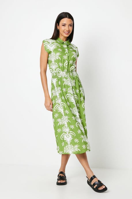 Shirred Waist Abstract Shirt Dress
