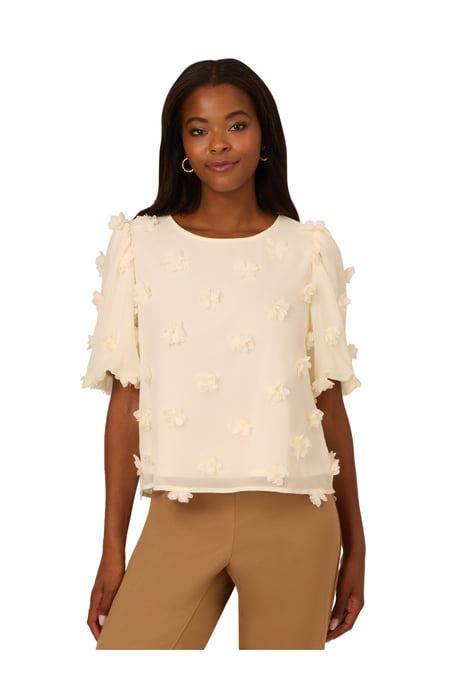 Crew Neck All Over 3D Flower Chiffon Blouse