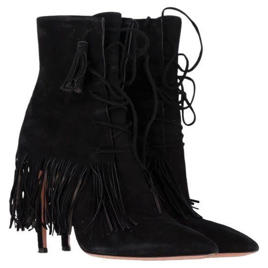 Aquazzura Mustang 105 Fringe Heeled Ankle Boots in Black Suede - Image 2