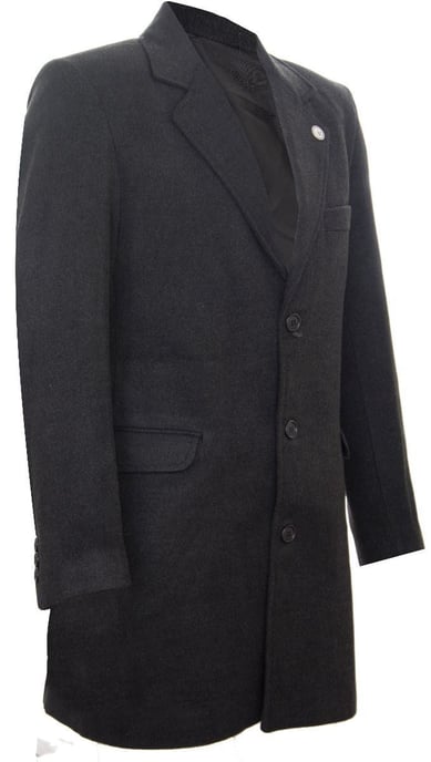 Men's Long Charcoal Wool Slim Fit Overcoat