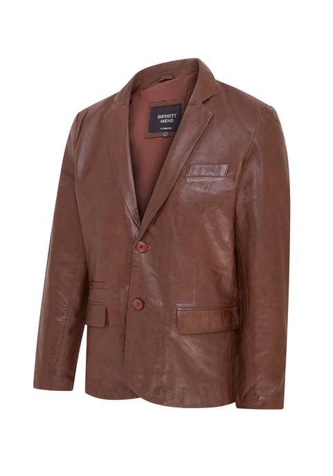 Mens Brown Slim Leather Italian Blazer Jacket-Somero