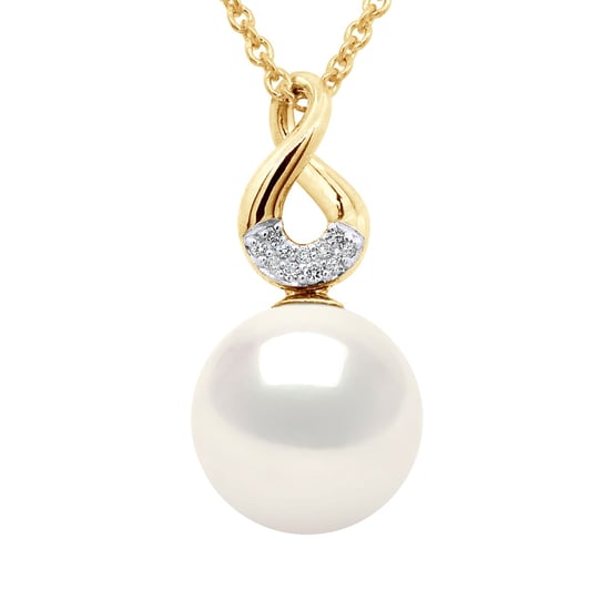 Pendant Eight Yellow Gold - Diamonds 0,03 Cts - Real Cultured Freshwater Pearl Round 9-10 mm