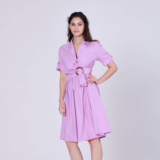 Shirt dress with asymmetric belt panel