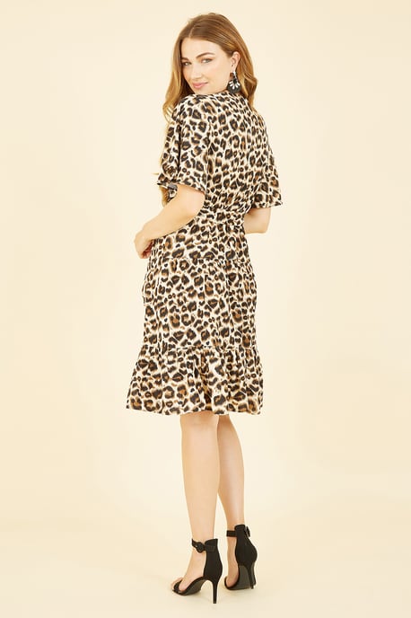 Brown Animal Print Wrap Over Skater Dress