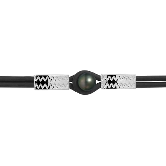 10 mm Black Tahitian Pearl, Black Neoprene Tribal Man-Woman Bracelet and 925 Sterling Silver