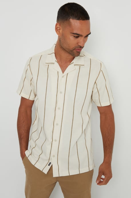 Natural 'Lightwood' Textured Stripe Revere Collar Short Sleeve Shirt