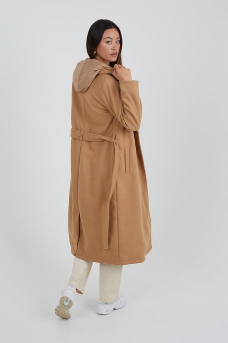 Camel Faux Wool Maxi Hooded Trench Coat