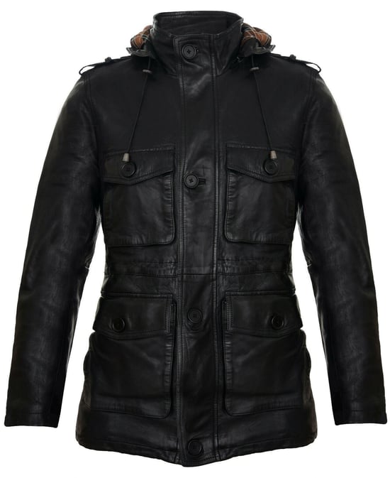 Hooded Trench Multi-Pocket Overcoat Leather Jacket