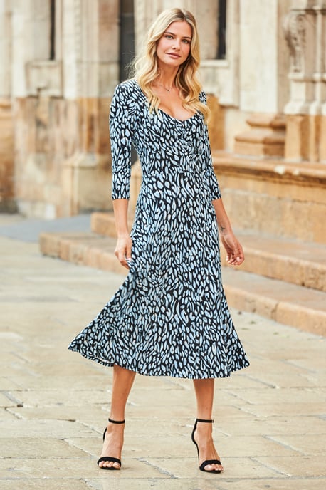 Blue Fleck Print Sweetheart Neckline Midi Jersey Dress