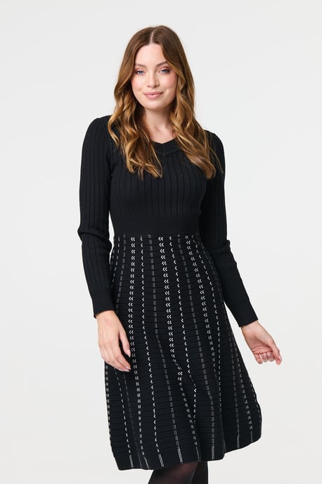 Black Striped Long Sleeve Midi Knit Dress
