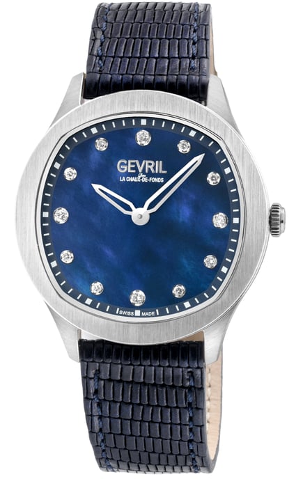 Gevril Women's Morcote Swiss Diamond Watch Blue MOP, Genuine Italian Leather Watch