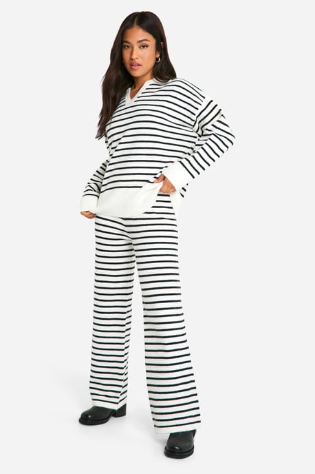 Petite Stripe Knitted Collared Jumper And Trouser Co Ord - Image 1