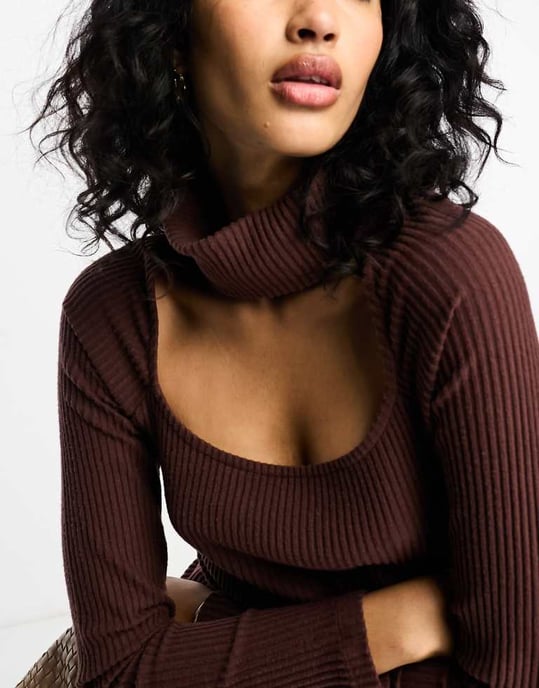 ASOS DESIGN supersoft rib long sleeve fitted midi dress with choker detail in chocolate-Brown