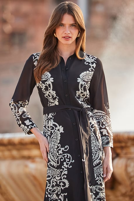 Black & White Floral Print Belted Midi Shirt Dress