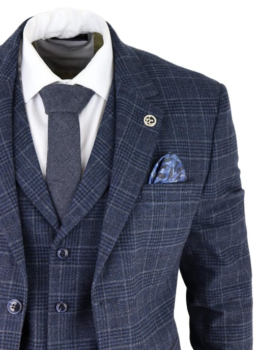 Heren Blauwe Ruit 3-delige Tweed Pak Peaky Blinders 1920s Gatsby Tailored Fit - Image 5