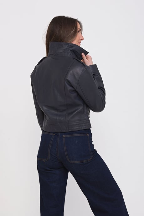 Elle Leather Biker Jacket in Blue